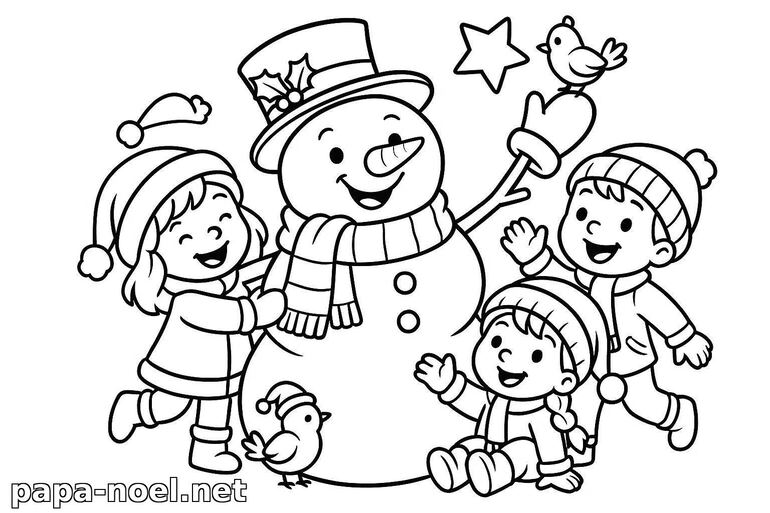 Coloriage bonhomme de neige et enfants