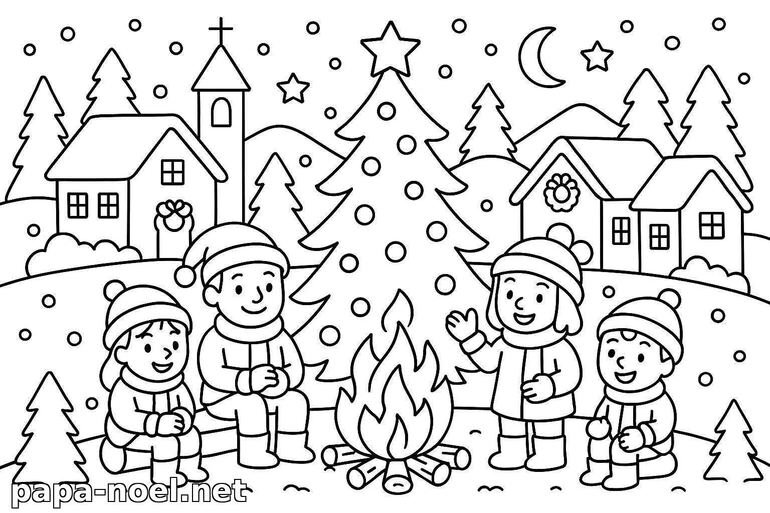 Coloriage de Noël autour du feu
