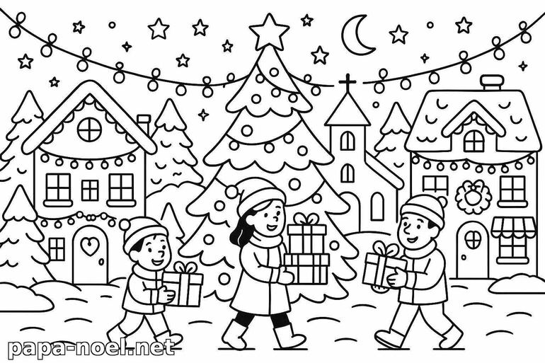 Coloriage de Noël : enfants avec des cadeaux