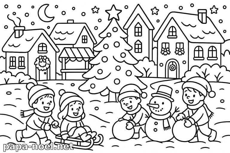 Coloriage de Noël : enfants et bonhomme de neige