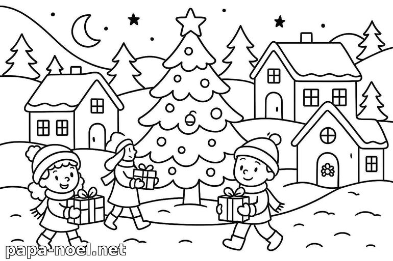Coloriage de Noël : enfants et cadeaux sous le sapin