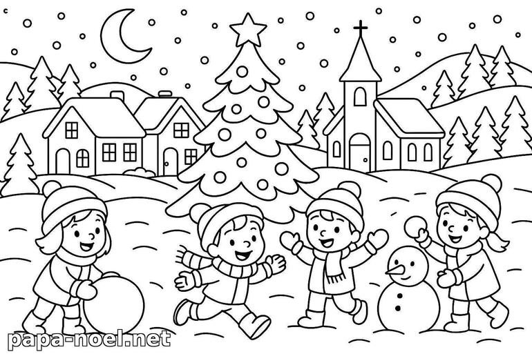 Coloriage de Noël : enfants jouant dans la neige