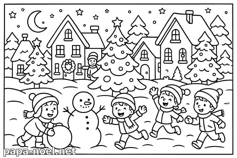 Coloriage de Noël : enfants jouant dans la neige