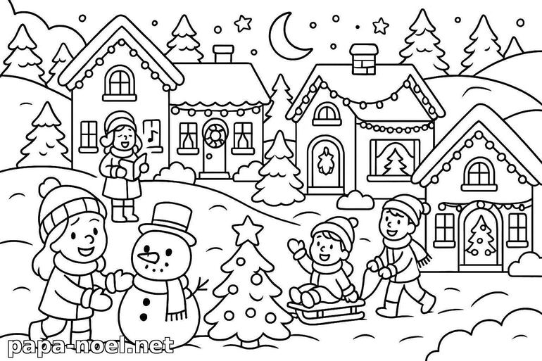 Coloriage de Noël village enneigé