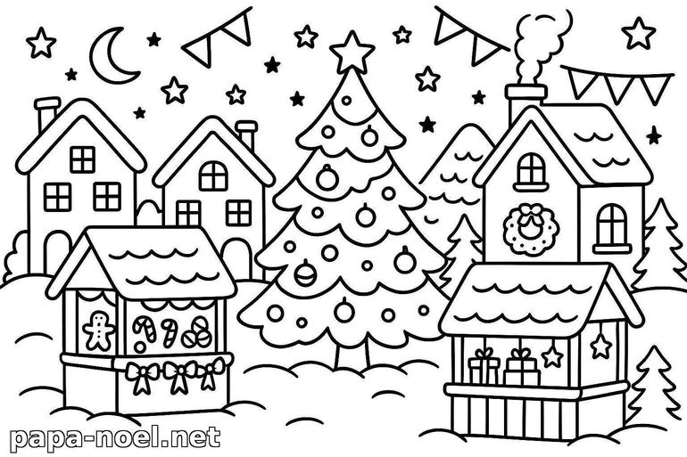 Coloriage de village de Noël