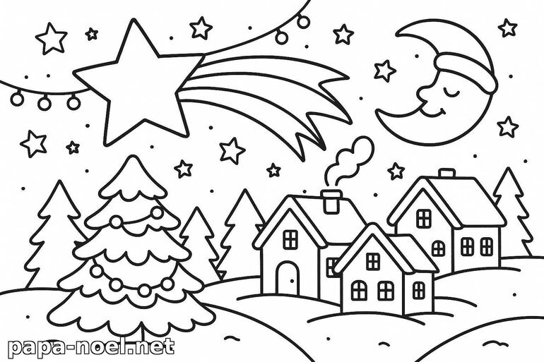 Coloriage de Noël avec village et étoile filante