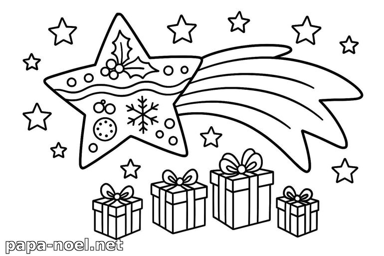 Coloriage de Noël : étoile filante et cadeaux