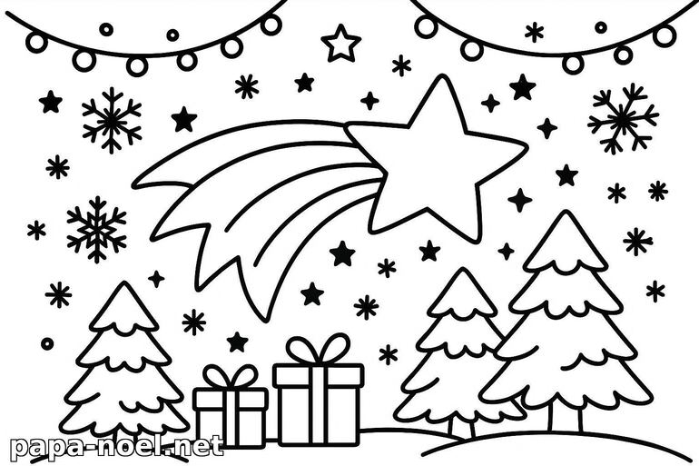 Coloriage de Noël : étoile filante et sapins