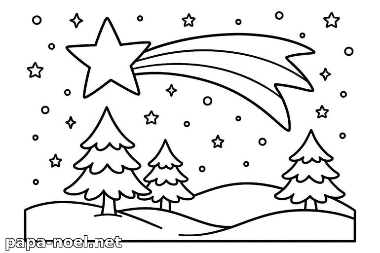 Coloriage de sapins et étoile filante de Noël