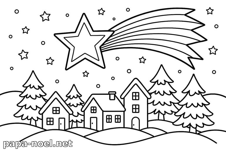 Coloriage de village de Noël avec étoile filante
