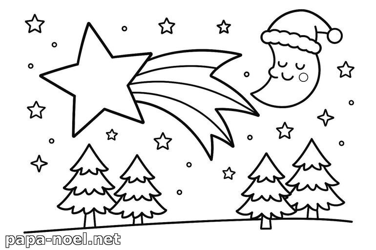 Coloriage étoile filante et lune de Noël