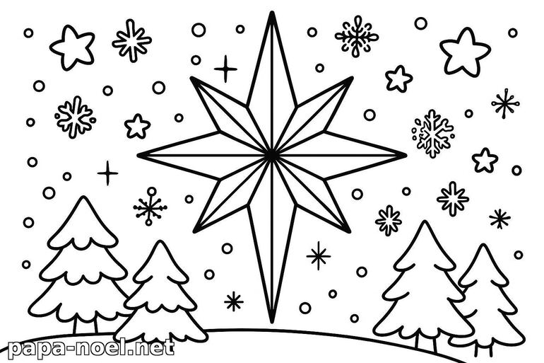 Coloriage de Noël : étoile et sapins
