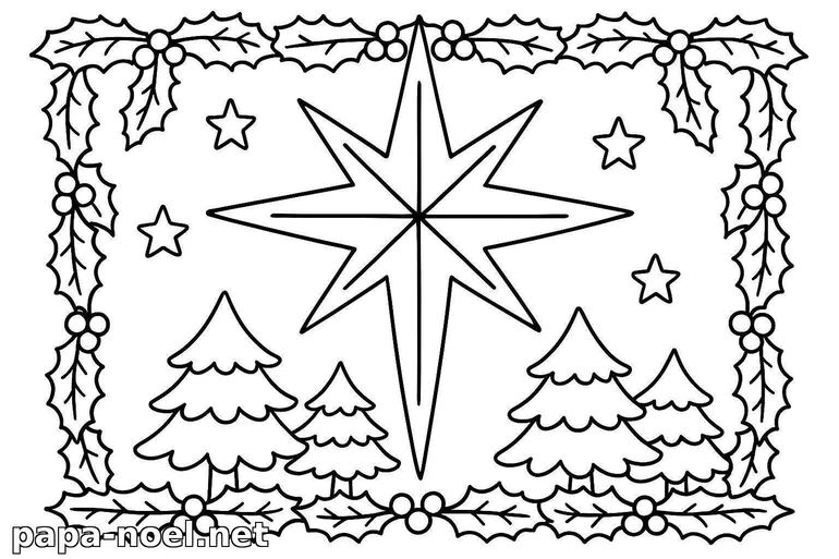 Coloriage de Noël étoile et sapins