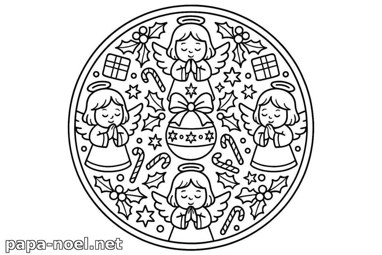 Coloriage de mandala Noël avec anges