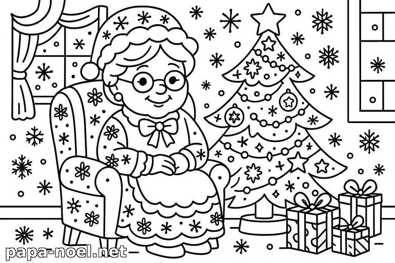Coloriage de Mère Noël et sapin de Noël