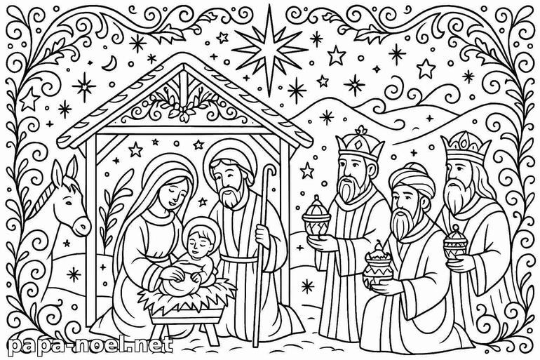 Coloriage de la Nativité avec les Rois Mages