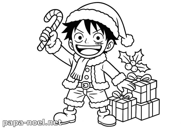 Coloriage de Noël : Luffy de One Piece fête Noël