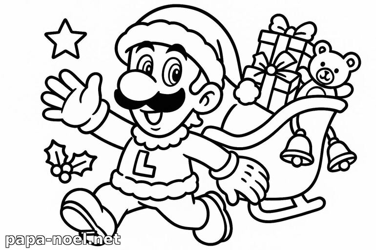 Coloriage de Luigi de Noël avec traîneau