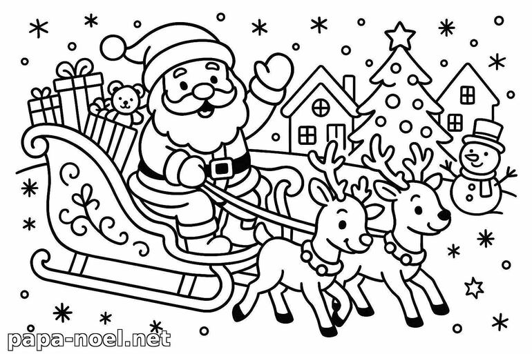 Coloriage du Père Noël et ses rennes