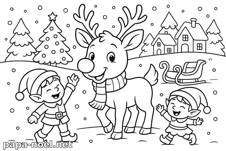 Coloriage de renne de Noël avec lutins