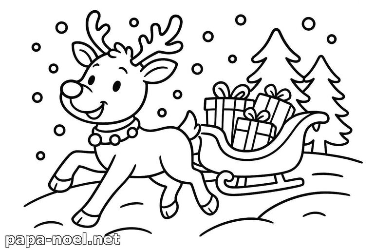 Coloriage de renne de Noël avec traîneau