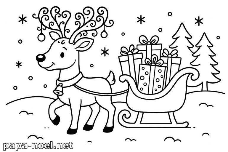 Coloriage de renne de Noël avec traîneau