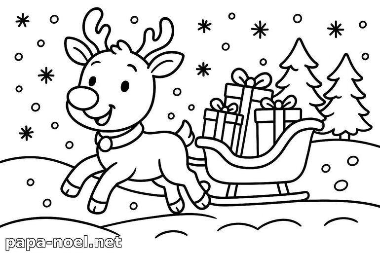 Coloriage de renne de Noël avec traîneau et cadeaux