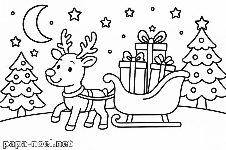 Coloriage de renne de Noël et traîneau