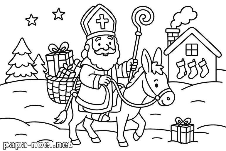 Coloriage de Saint Nicolas à dos d'âne