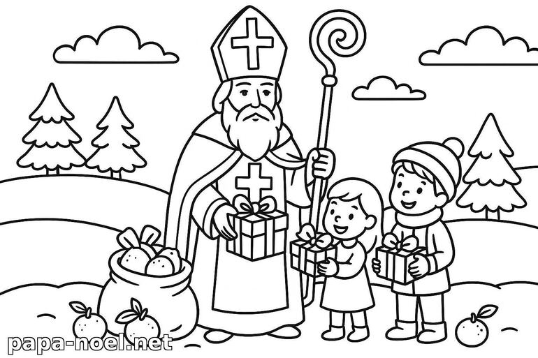 Coloriage de Saint Nicolas distribuant des cadeaux