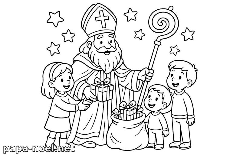 Coloriage de Saint Nicolas distribuant des cadeaux