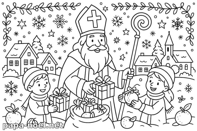 Coloriage de Saint Nicolas et enfants