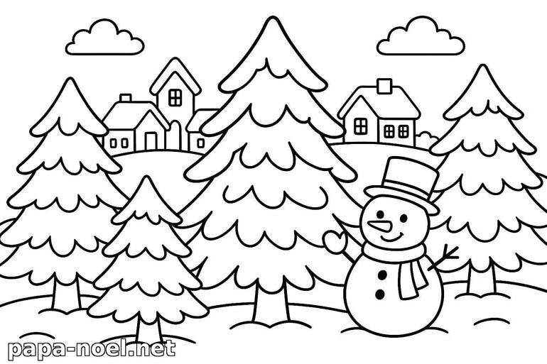 Coloriage bonhomme de neige et village de Noël
