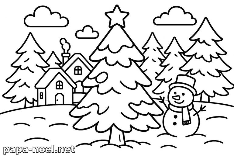 Coloriage de Noël : sapin, bonhomme de neige et village