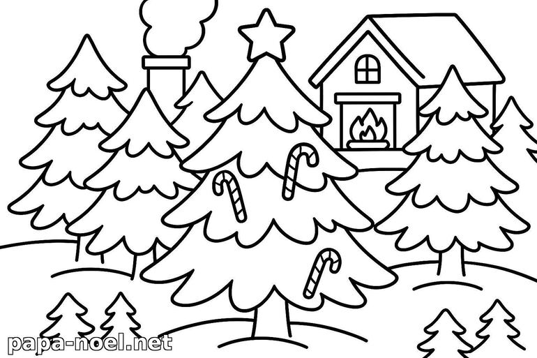 Coloriage de sapin de Noël à la campagne