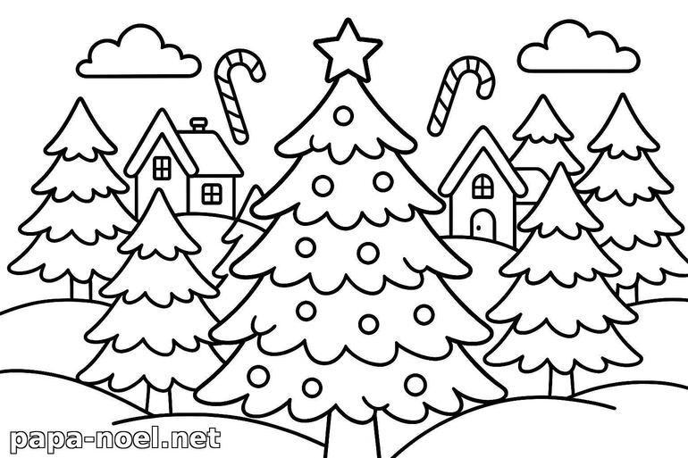 Coloriage de sapin de Noël au village