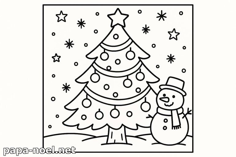 Coloriage de sapin de Noël avec bonhomme de neige