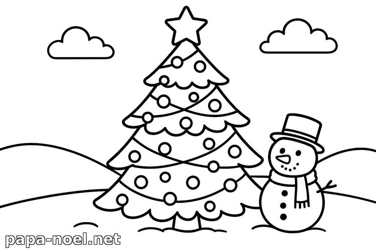 Coloriage de sapin de Noël et bonhomme de neige