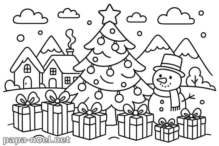 Coloriage de sapin de Noël et bonhomme de neige