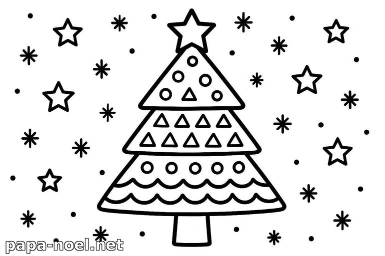 Coloriage simple de sapin de Noël avec étoiles et flocons