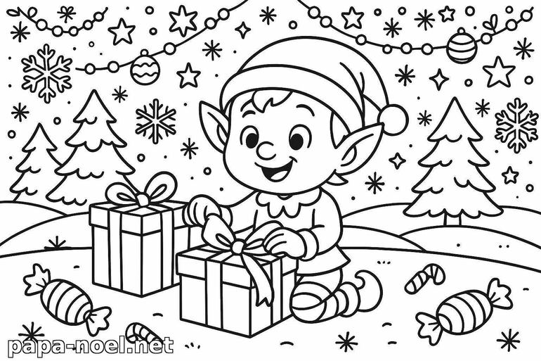 Coloriage de lutin de Noël avec cadeaux