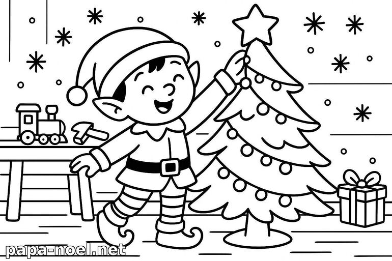 Coloriage de lutin de Noël avec sapin