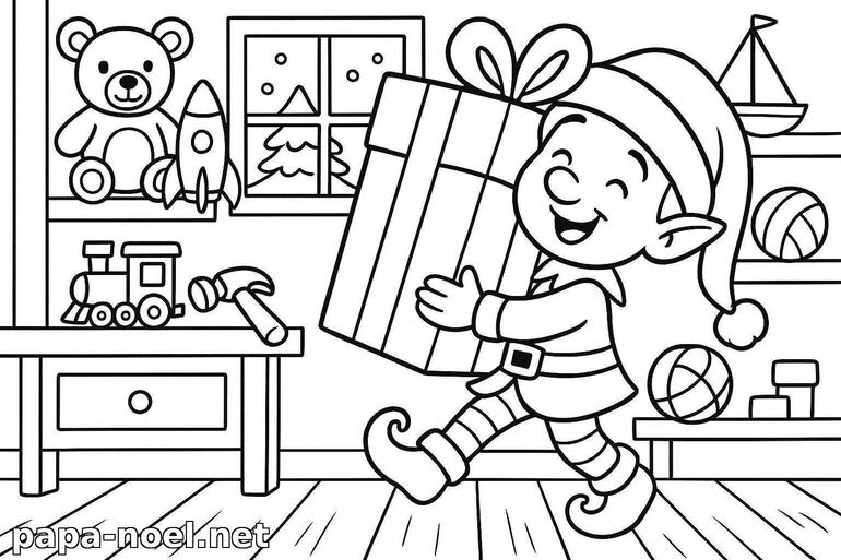 Coloriage de lutin de Noël avec un cadeau
