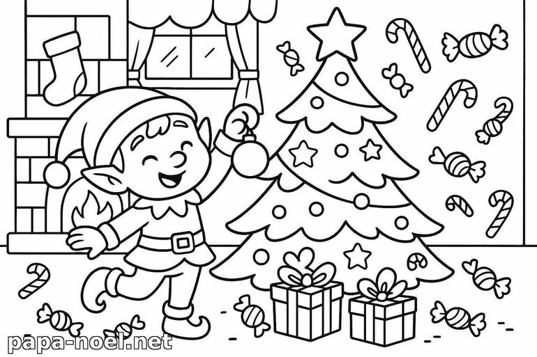 Coloriage de lutin de Noël et sapin