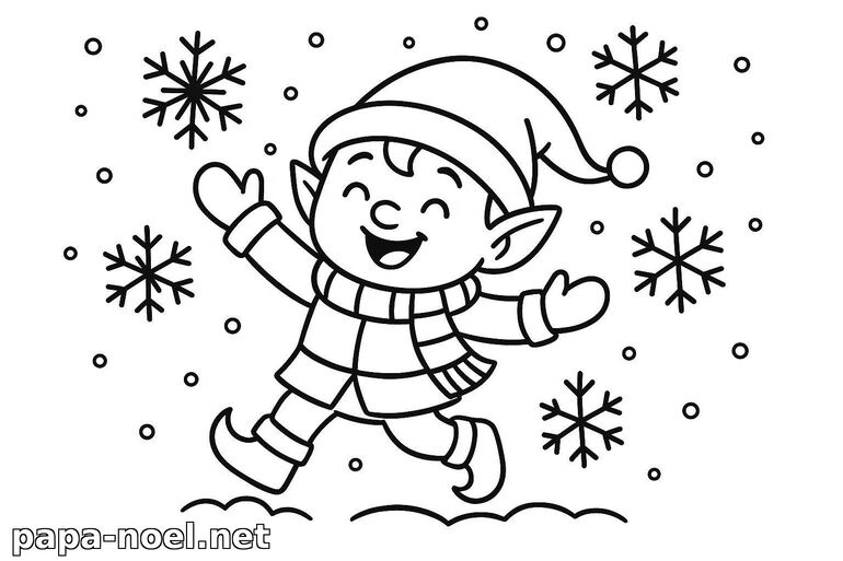 Coloriage de lutin de Noël sous la neige