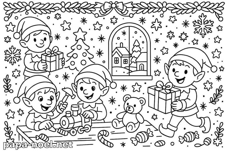 Coloriage de lutins de Noël avec cadeaux