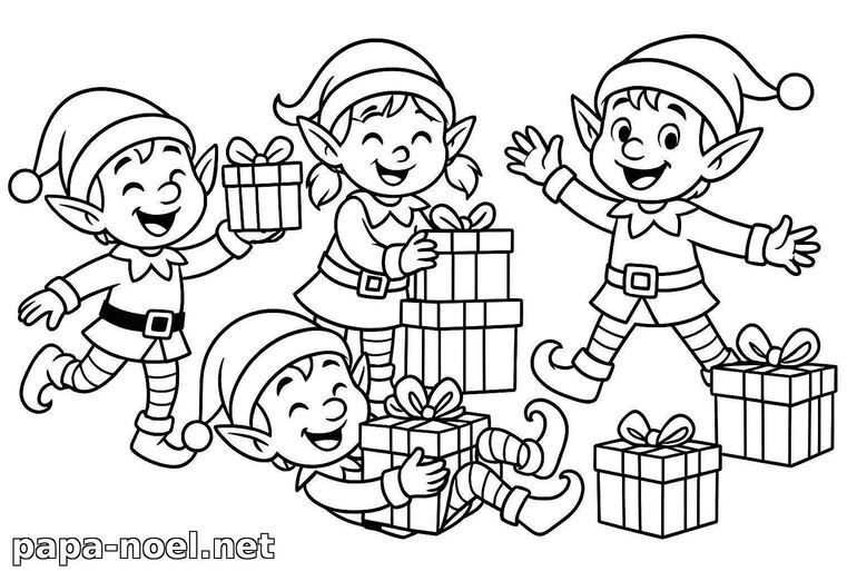 Coloriage de lutins de Noël avec des cadeaux