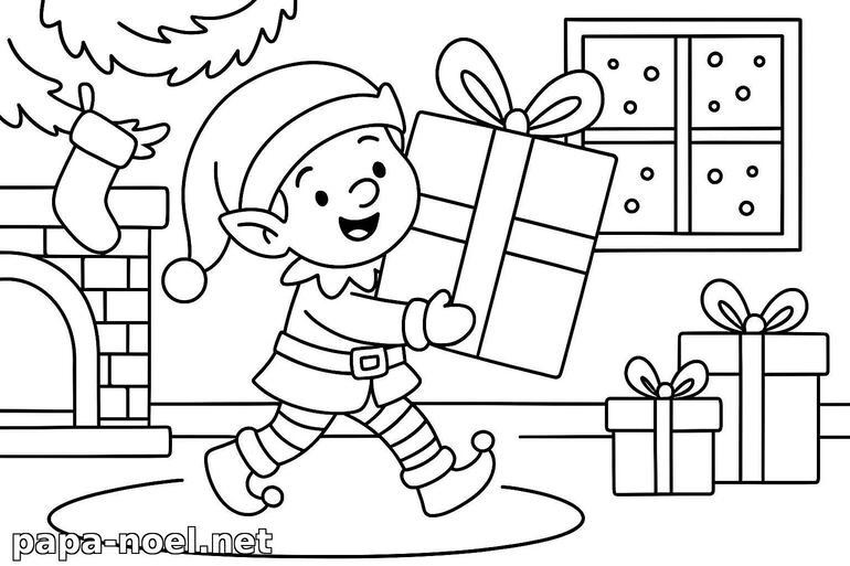 Coloriage lutin de Noël avec cadeau