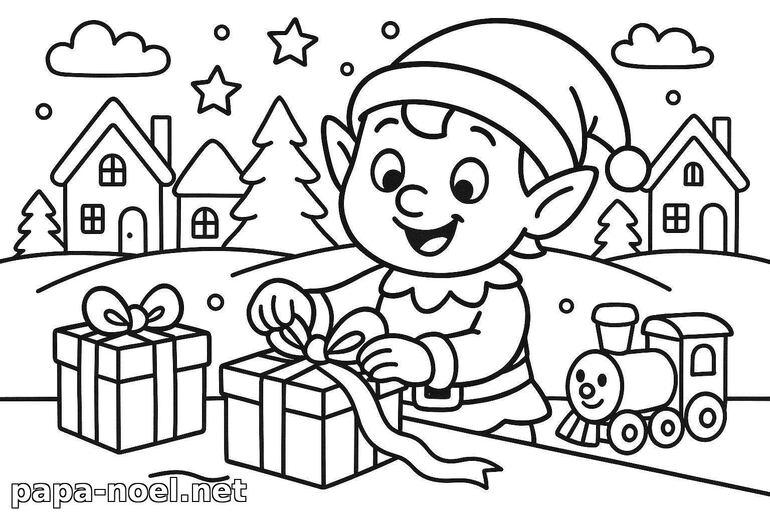 Coloriage lutin de Noël avec cadeaux