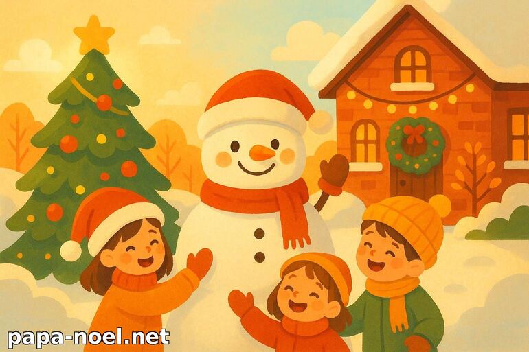 Dessin de Noël : enfants et bonhomme de neige